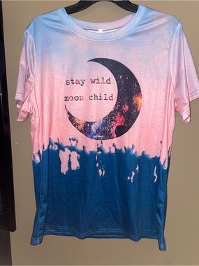 Stay Wild Moon Child Tie-Dye Womens Graphic T-Shirt - Pink & Blue Sz XL